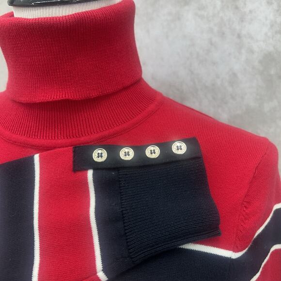 NWT Tommy Hilfiger Womens M Red Black White Striped Turtleneck Sweater Preppy - Picture 3 of 12